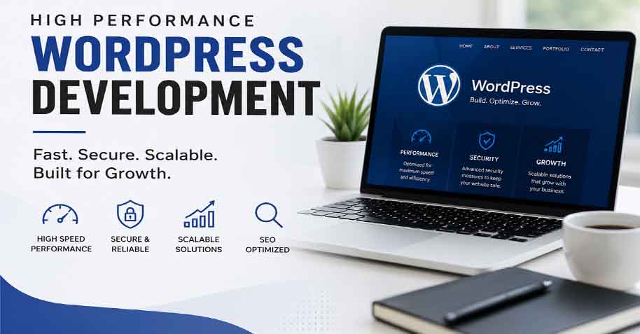 High performance WordPress development dashboard showing website speed optimization and SEO performance metrics